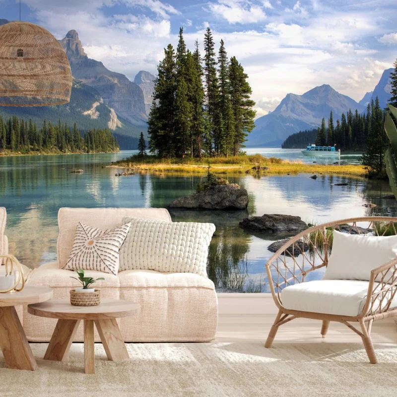 Carta da parati isola di pini su lago alpino al tramonto