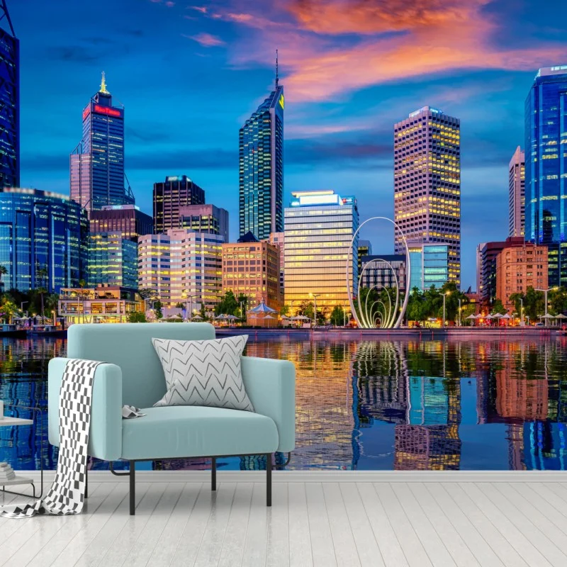 Carta da parati tramonto su Perth: skyline riflesso sul fiume