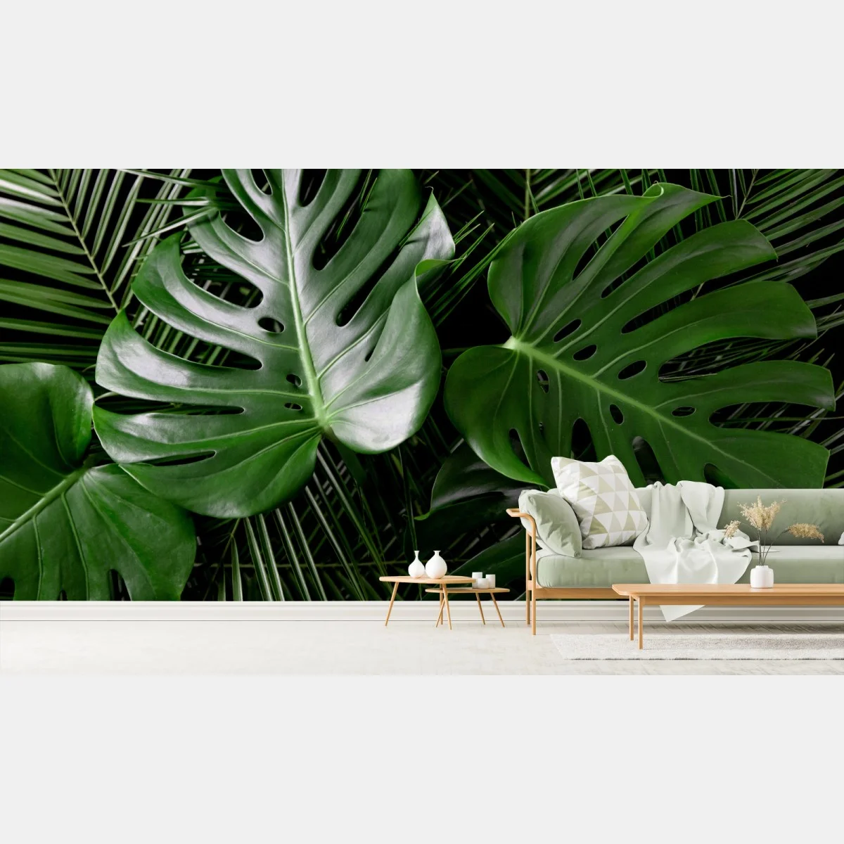 Carta da parati composizione di foglie di monstera e palma • Wallissimo® Carta da parati composizione di foglie di monstera e palma • Wallissimo®