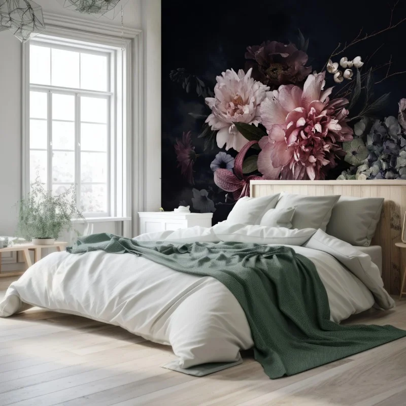 Carta da parati composizione floreale barocca su sfondo scuro