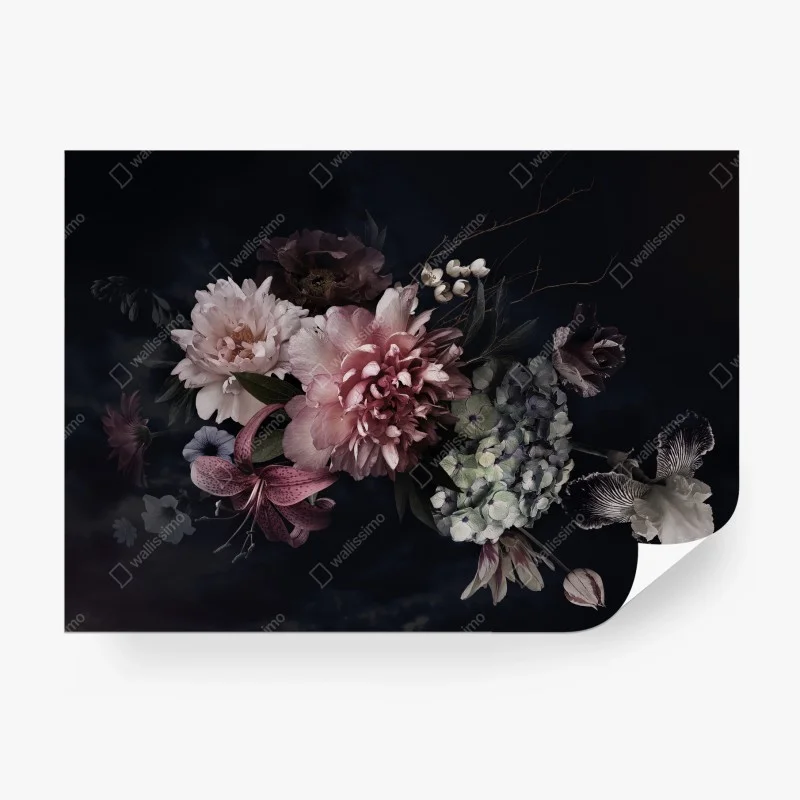 Carta da parati composizione floreale barocca su sfondo scuro