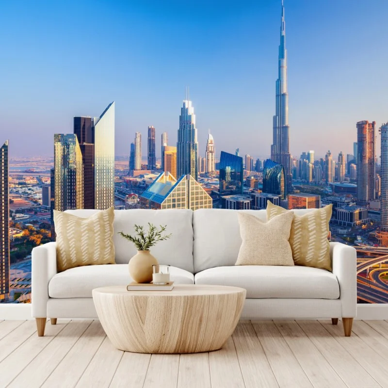 Carta da parati panorama urbano di Dubai al tramonto