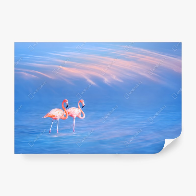 Carta da parati fenicotteri rosa sul mare al crepuscolo