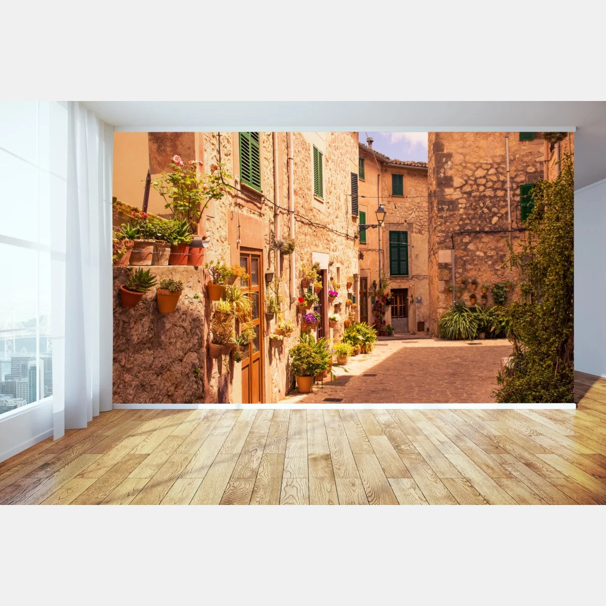 Carta da parati scorcio di borgo fiorito • Wallissimo® Carta da parati scorcio di borgo fiorito • Wallissimo®
