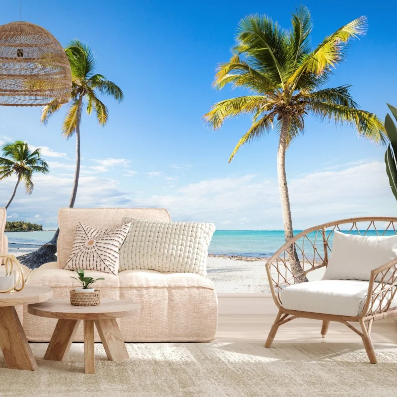 Carta da parati paradiso tropicale con palme e mare turchese • Wallissimo®