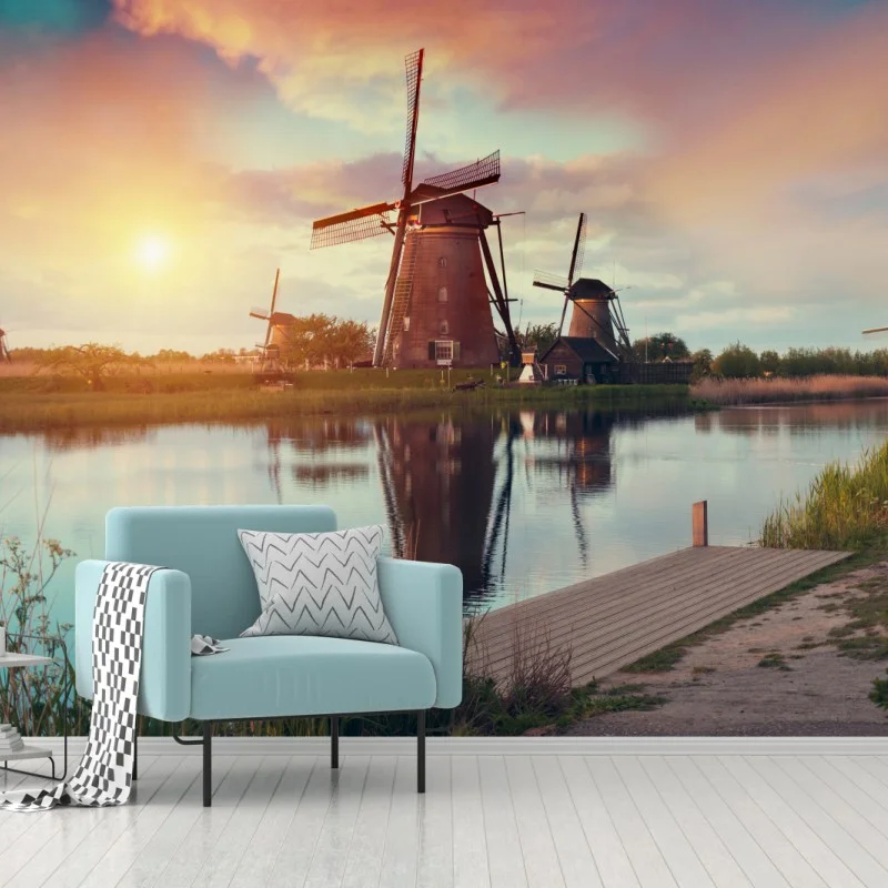 Carta da parati mulini a vento al tramonto sul canale