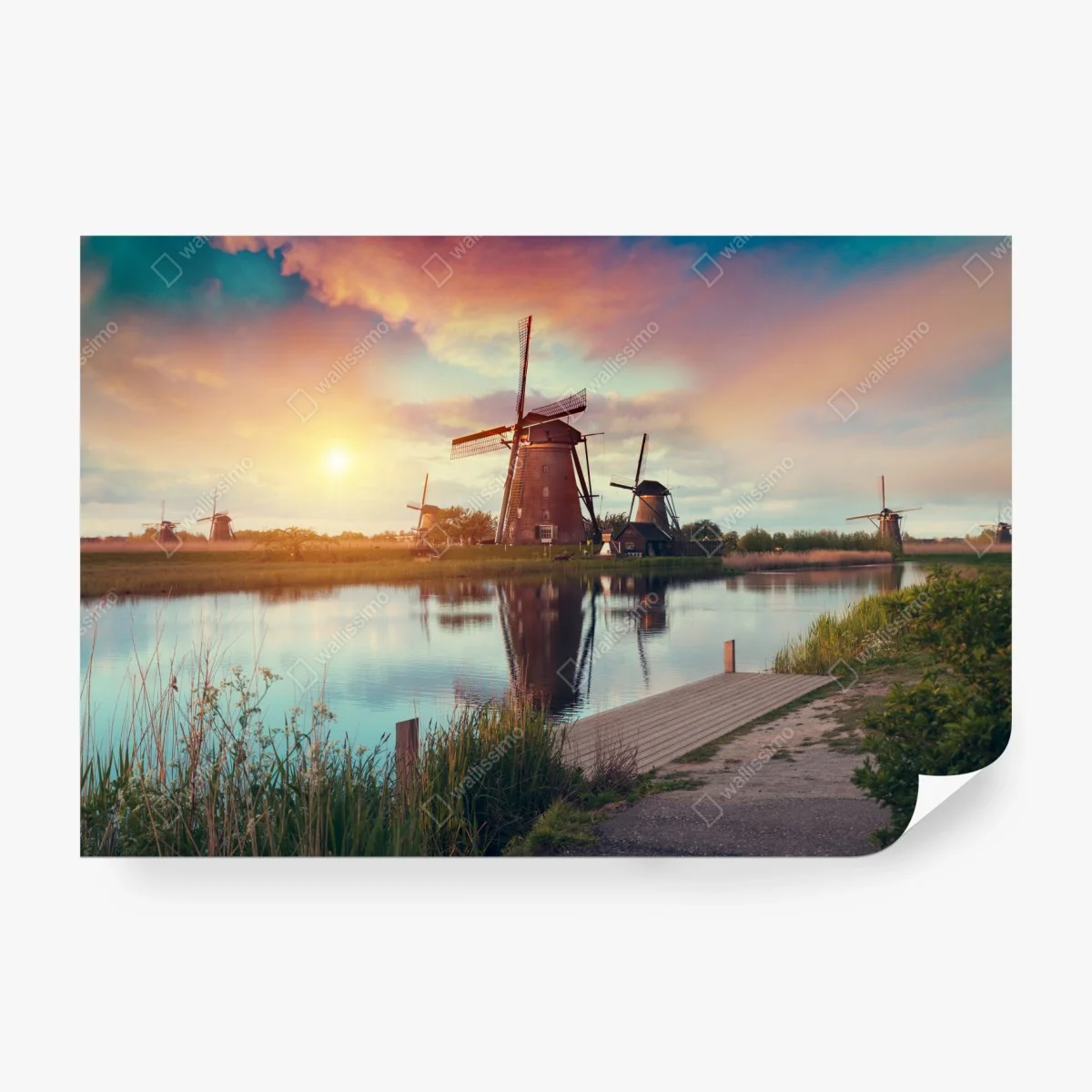 Carta da parati mulini a vento al tramonto sul canale • Wallissimo® Carta da parati mulini a vento al tramonto sul canale • Wallissimo®