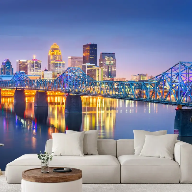 Carta da parati panorama crepuscolare di Louisville sul fiume Ohio • Wallissimo® Carta da parati panorama crepuscolare di Louisville sul fiume Ohio • Wallissimo®
