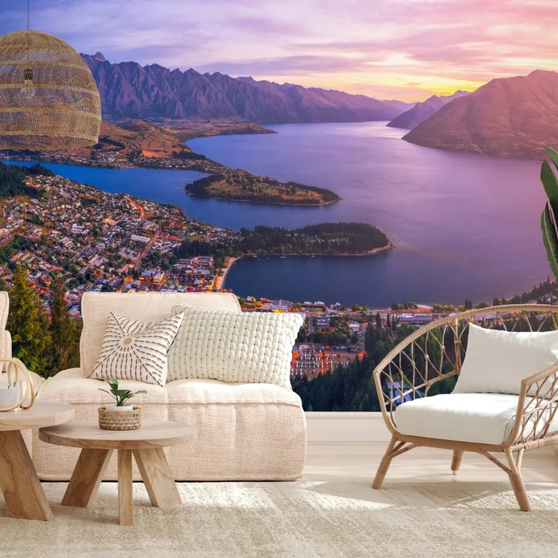 Carta da parati tramonto sopra Queenstown e lago Wakatipu
