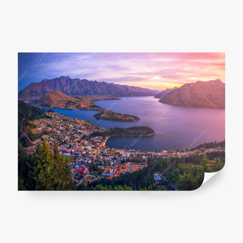 Carta da parati tramonto sopra Queenstown e lago Wakatipu
