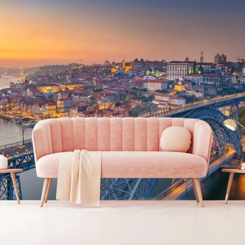 Carta da parati tramonto su Porto: veduta panoramica del ponte e del fiume