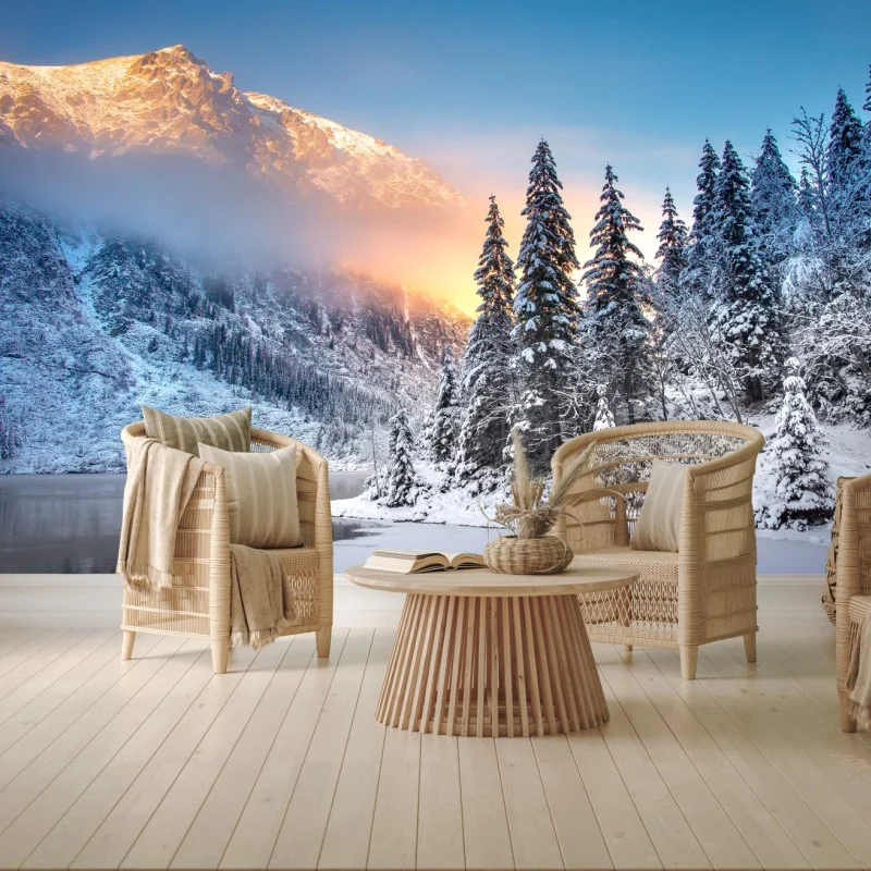 Carta da parati alba sul lago ghiacciato di Morskie Oko nei Tatra