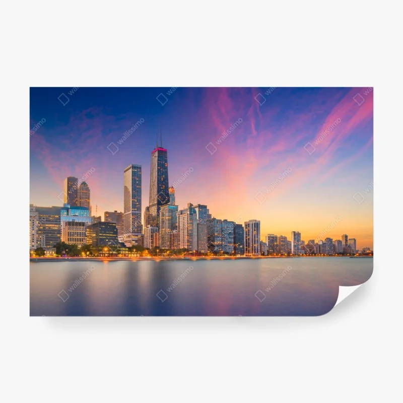 Carta da parati skyline serale di Chicago sul lago Michigan