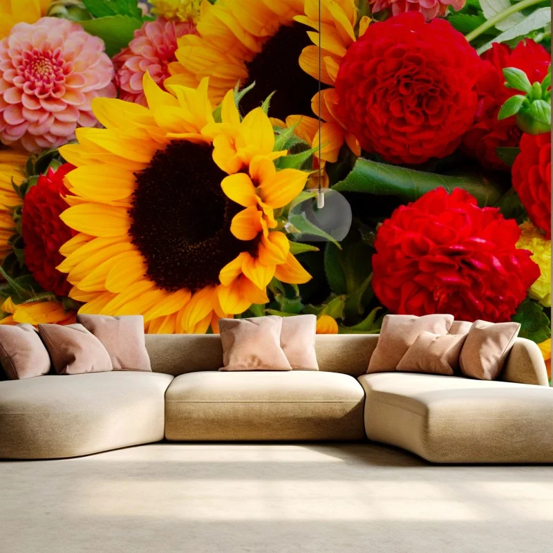 Carta da parati esplosione di girasoli e dalie su sfondo vivace