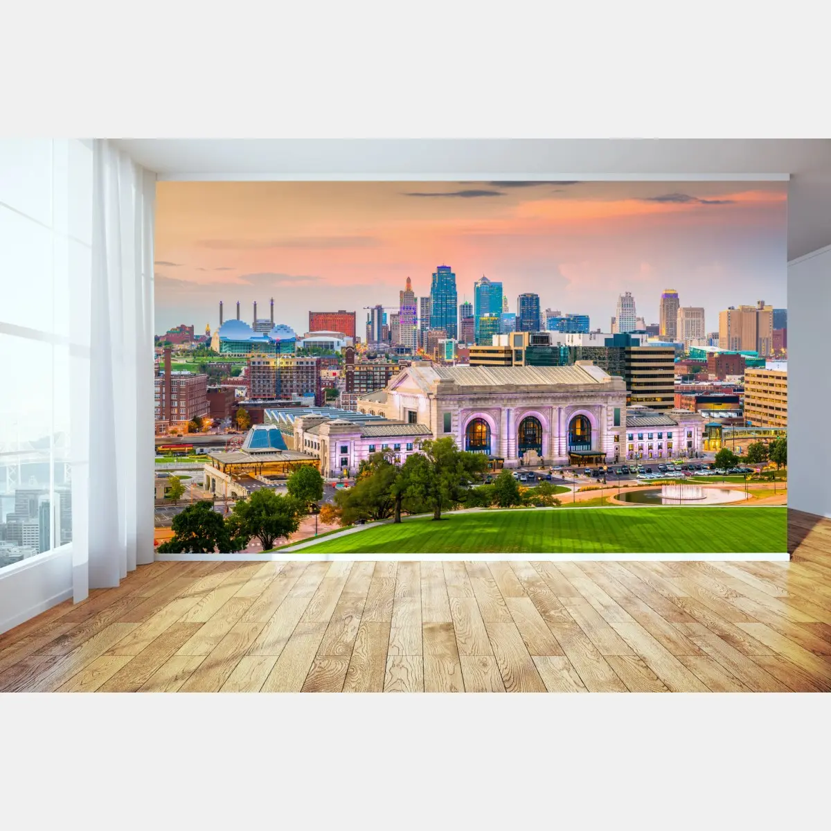 Carta da parati panorama urbano di Kansas City con Union Station al crepuscolo • Wallissimo® Carta da parati panorama urbano di Kansas City con Union Station al crepuscolo • Wallissimo®