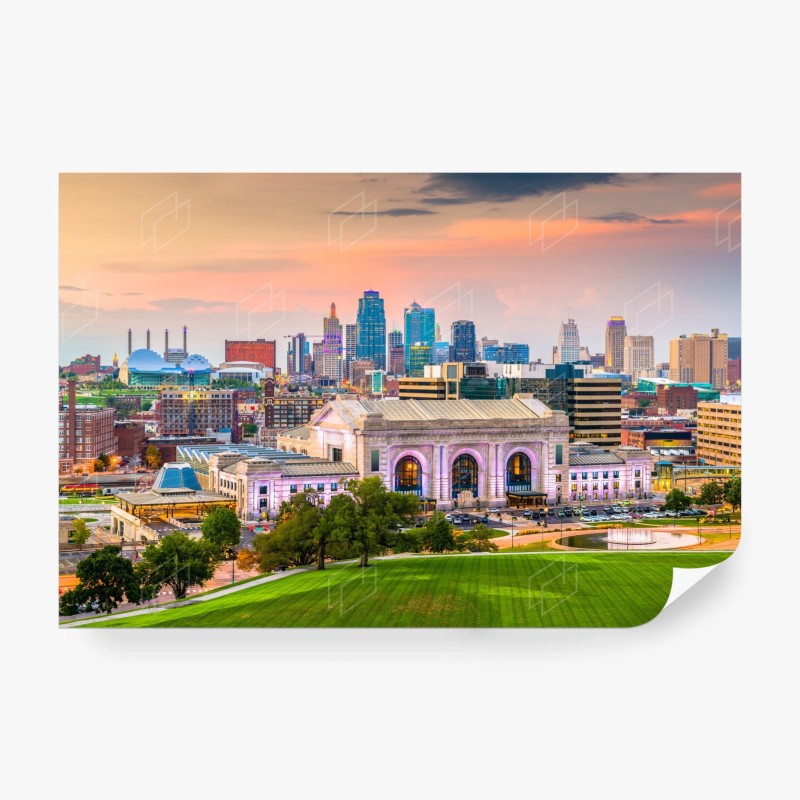 Carta da parati panorama urbano di Kansas City con Union Station al crepuscolo