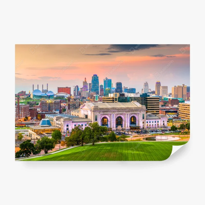 Carta da parati panorama urbano di Kansas City con Union Station al crepuscolo