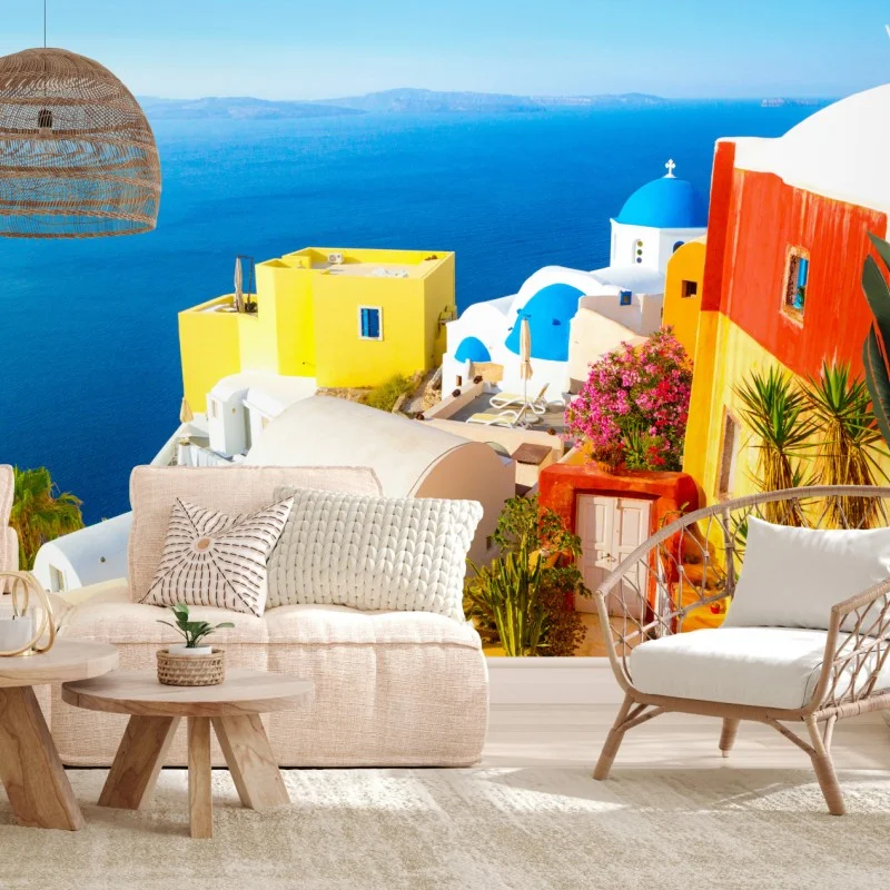Carta da parati scorcio di Santorini: case colorate sulla scogliera