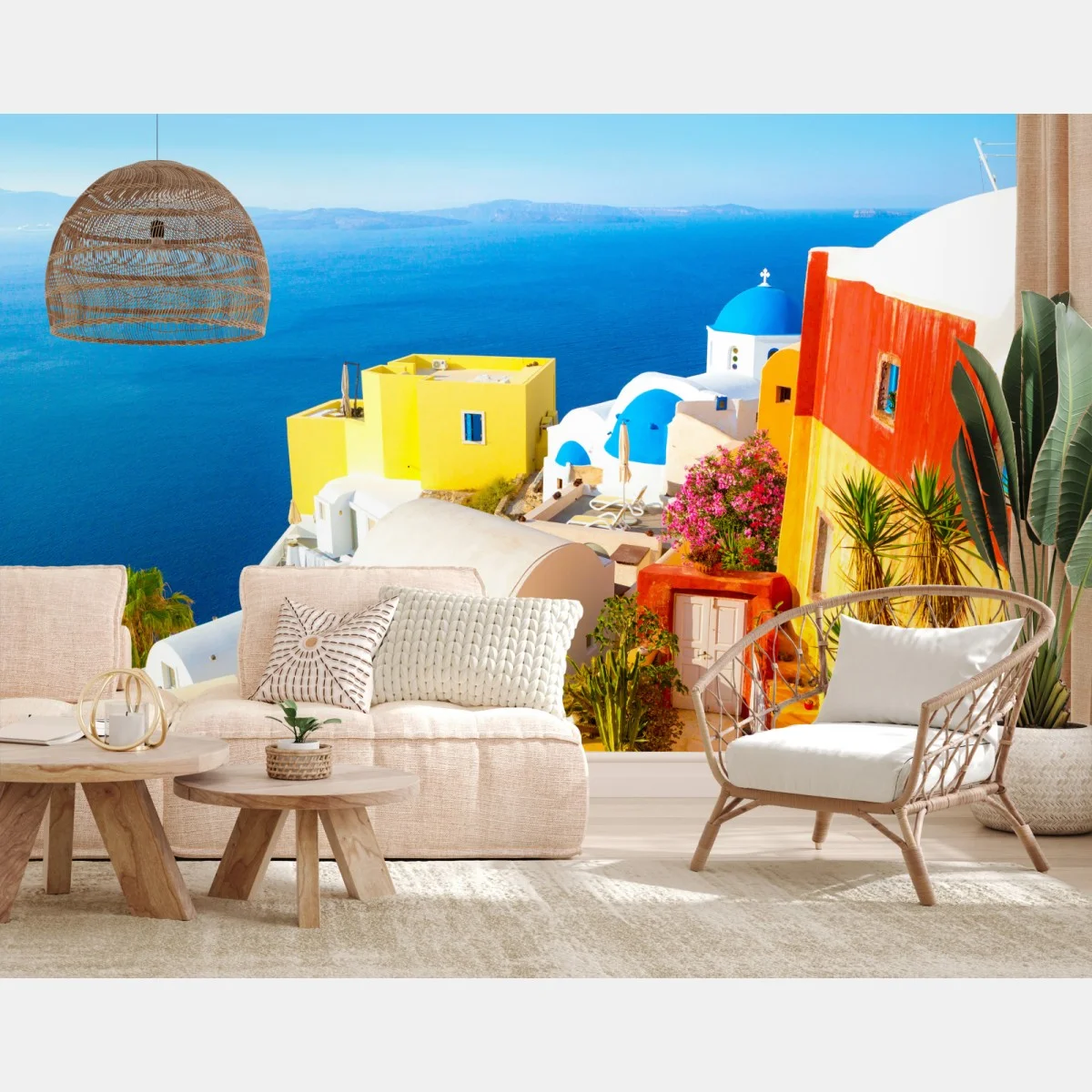 Carta da parati scorcio di Santorini: case colorate sulla scogliera • Wallissimo® Carta da parati scorcio di Santorini: case colorate sulla scogliera • Wallissimo®