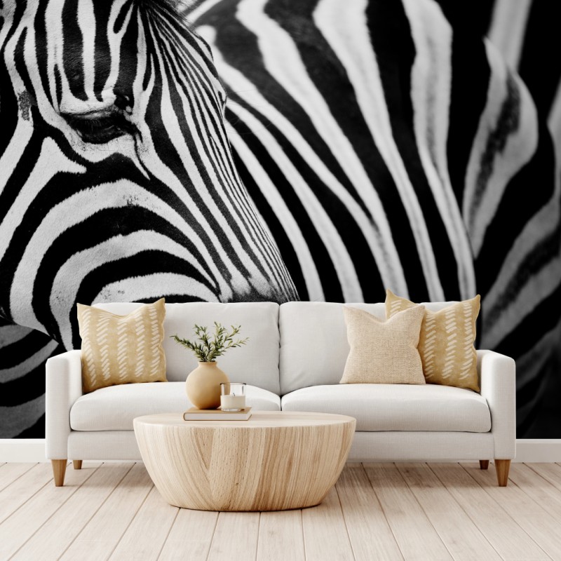 Carta da parati eleganza a strisce: ritratto di zebra in bianco e nero