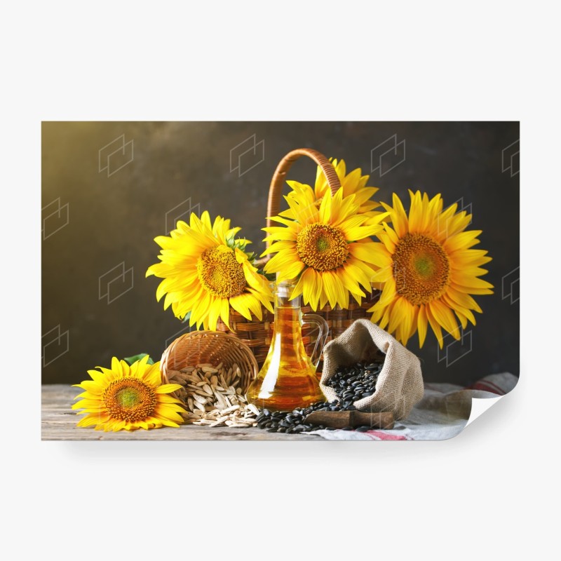 Carta da parati composizione rustica di girasoli e semi