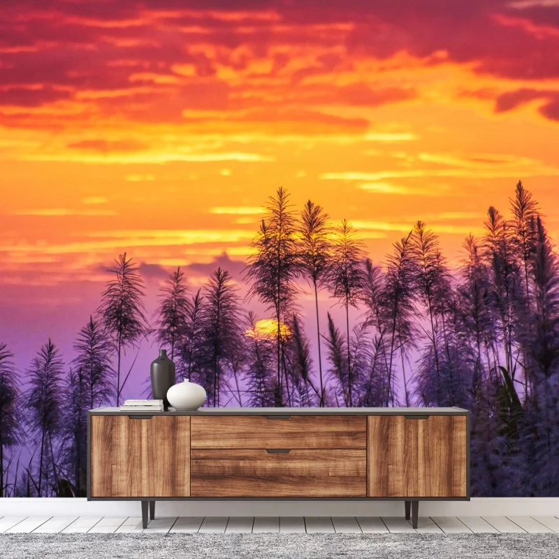 Carta da parati tramonto dorato tra le canne