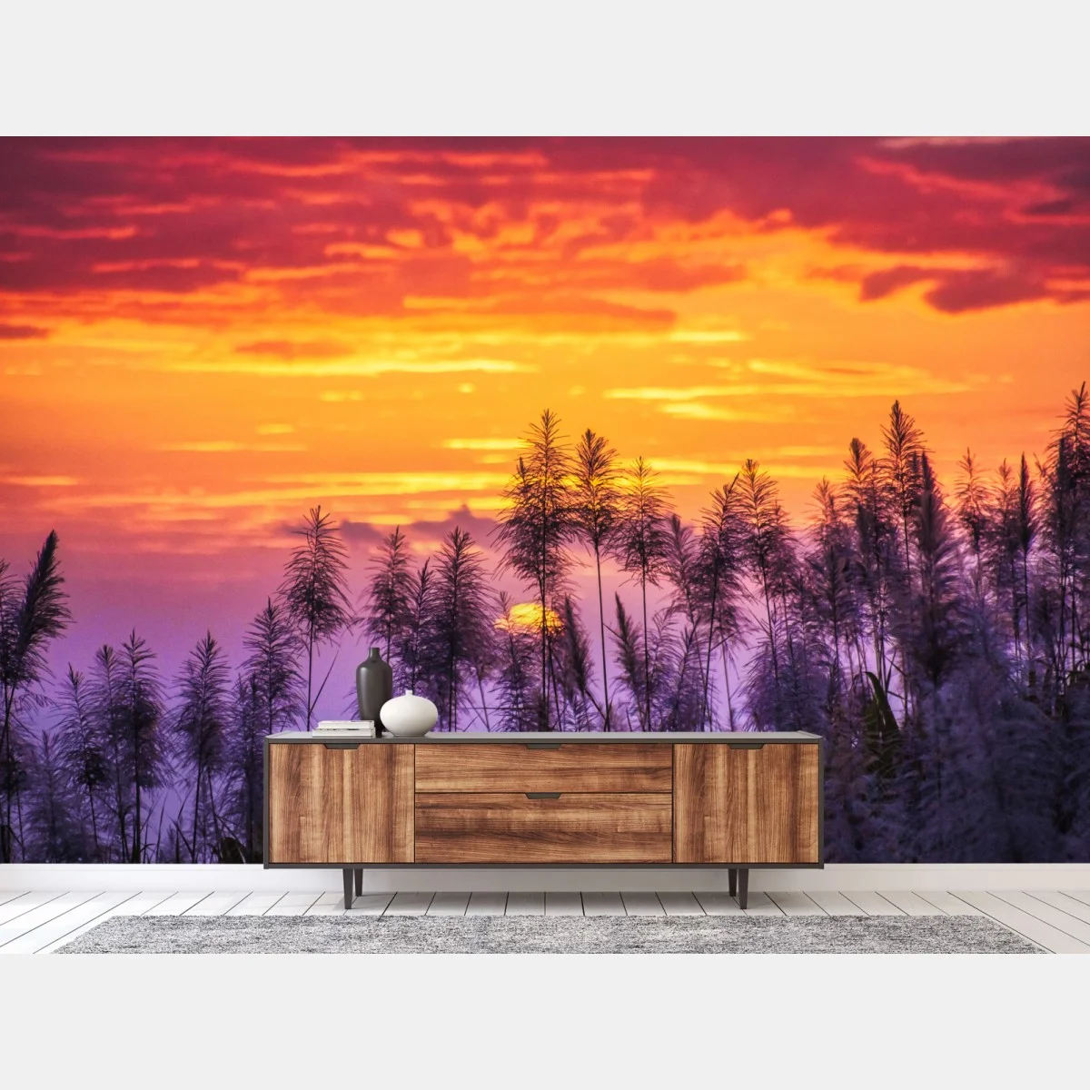 Carta da parati tramonto dorato tra le canne • Wallissimo® Carta da parati tramonto dorato tra le canne • Wallissimo®