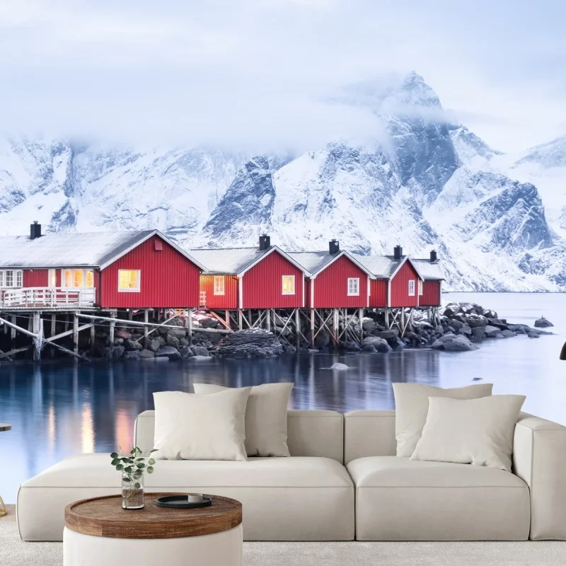 Carta da parati case rosse sul fiordo di Lofoten