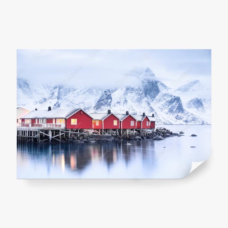 Carta da parati case rosse sul fiordo di Lofoten