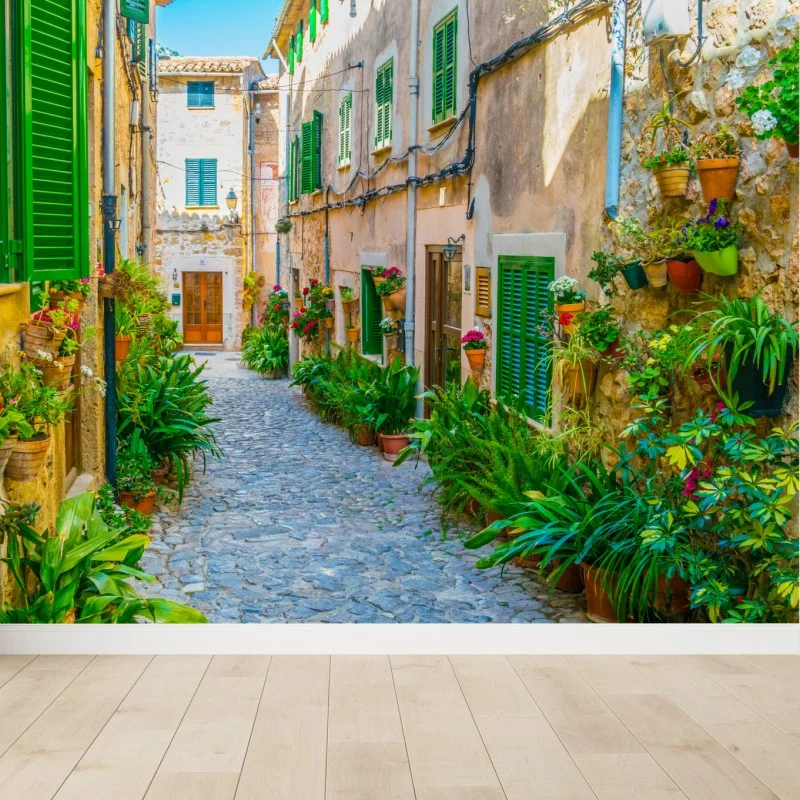 Carta da parati vicolo fiorito in pietra