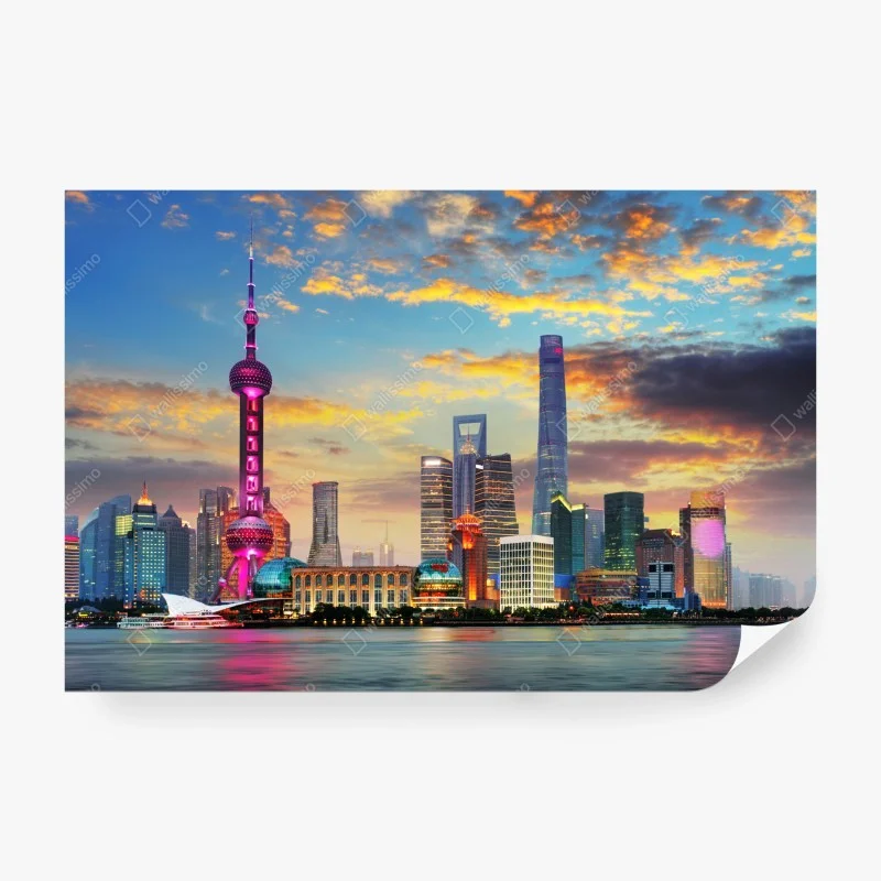 Carta da parati vista notturna della skyline di Shanghai al tramonto