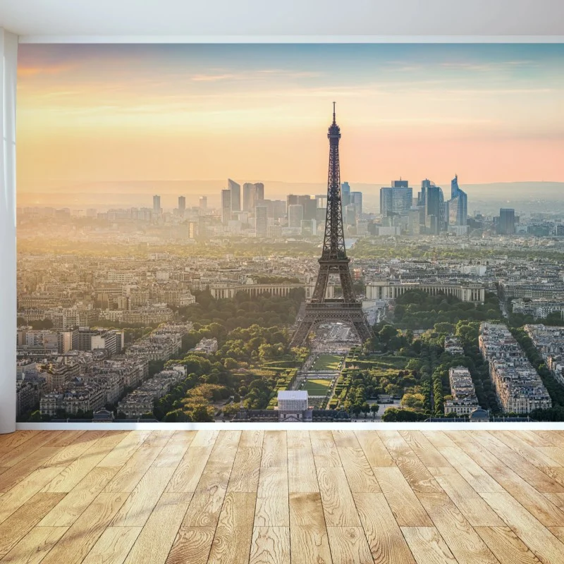 Carta da parati tramonto su Parigi con Torre Eiffel • Wallissimo®