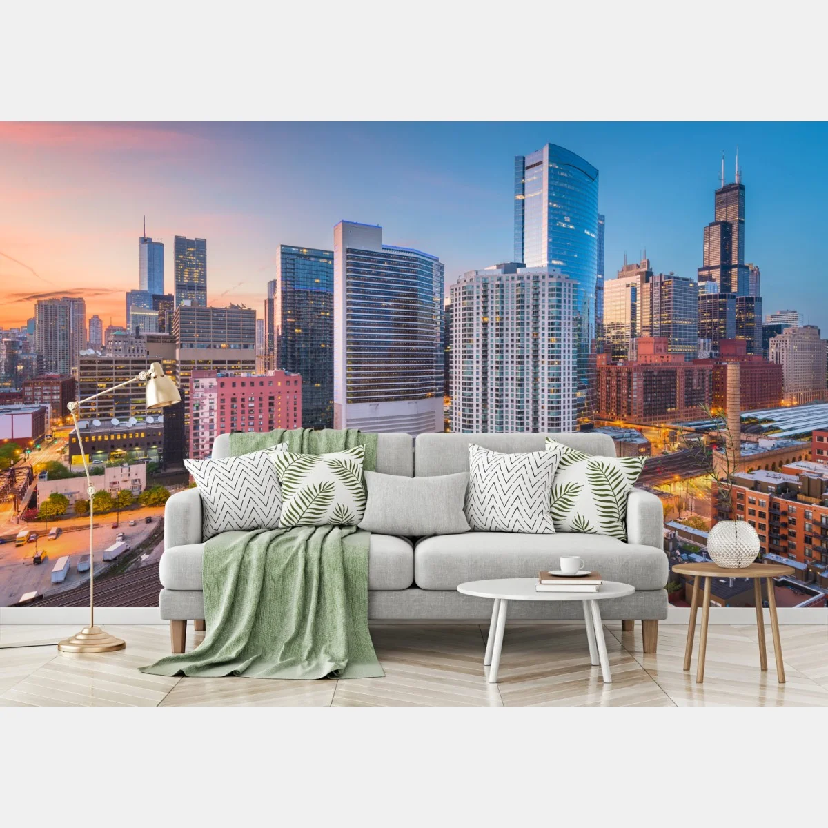 Carta da parati tramonto su Chicago: skyline urbano moderno • Wallissimo® Carta da parati tramonto su Chicago: skyline urbano moderno • Wallissimo®