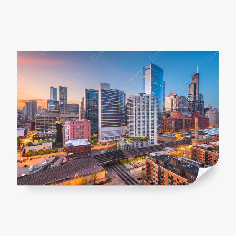 Carta da parati tramonto su Chicago: skyline urbano moderno