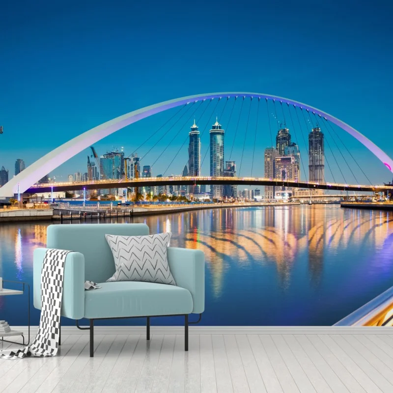 Carta da parati tramonto a Dubai: arco moderno e riflessi sul canale