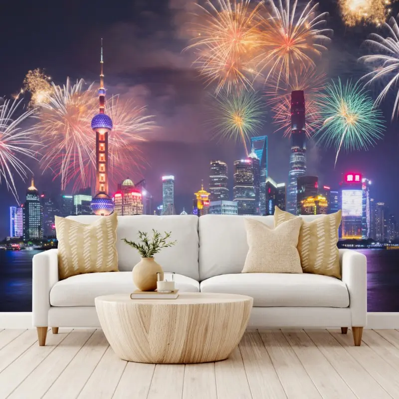 Carta da parati notte di fuochi d'artificio sul fiume Huangpu a Shanghai