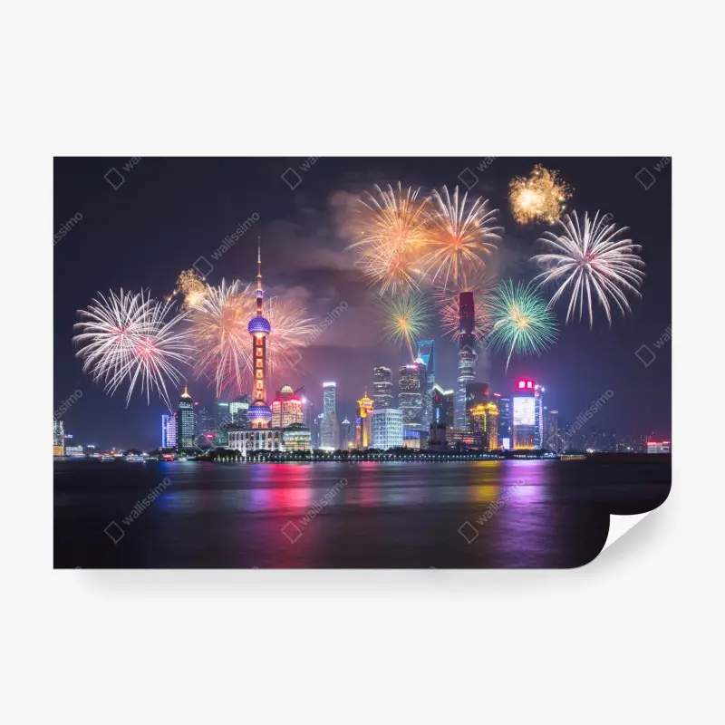 Carta da parati notte di fuochi d'artificio sul fiume Huangpu a Shanghai