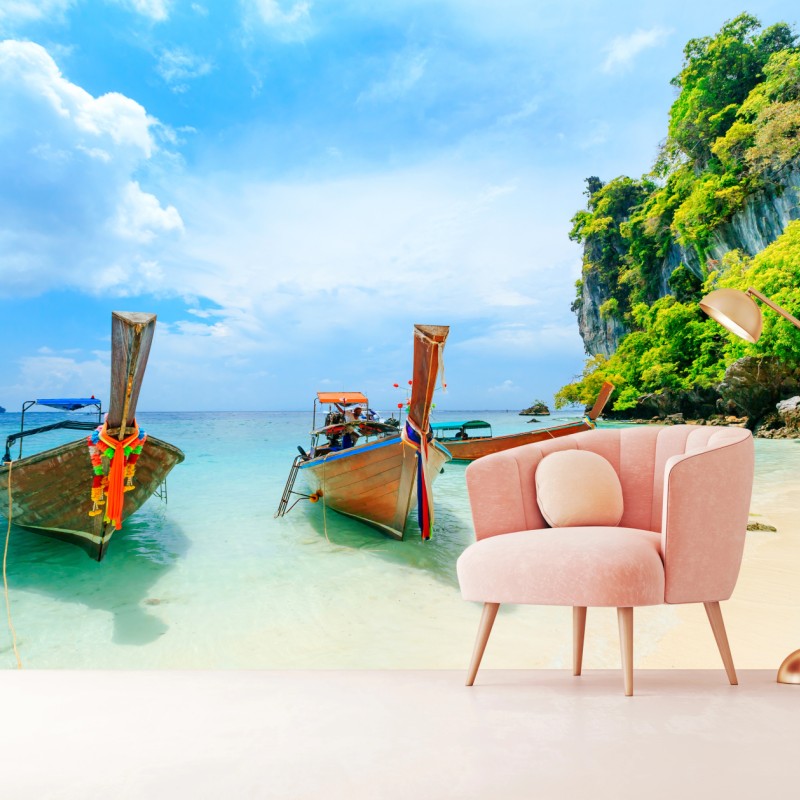 Carta da parati barche longtail sulla spiaggia di Phuket