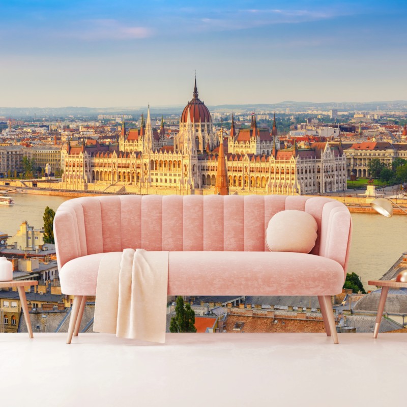 Carta da parati tramonto sul parlamento di Budapest