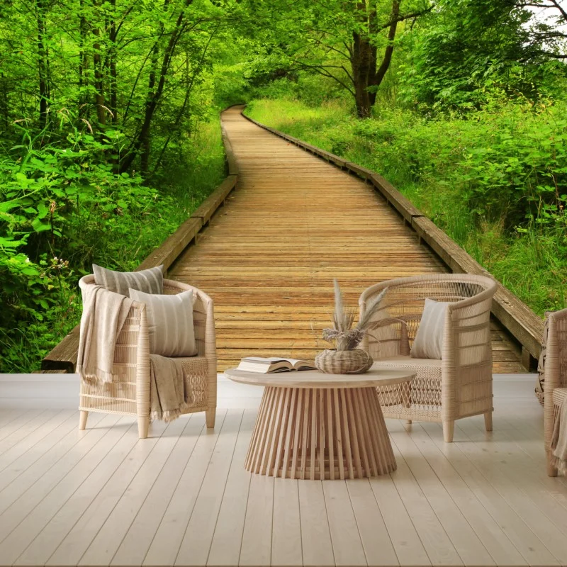 Carta da parati sentiero di legno nella foresta verde