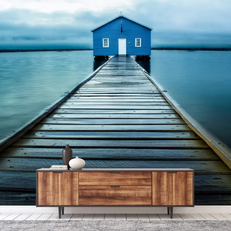 Carta da parati capanno blu sul pontile