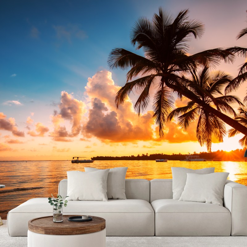 Carta da parati tramonto tropicale con palme sulla spiaggia