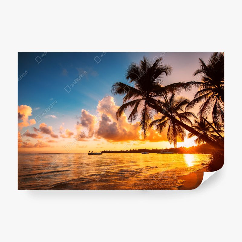 Carta da parati tramonto tropicale con palme sulla spiaggia