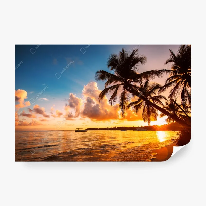 Carta da parati tramonto tropicale con palme sulla spiaggia