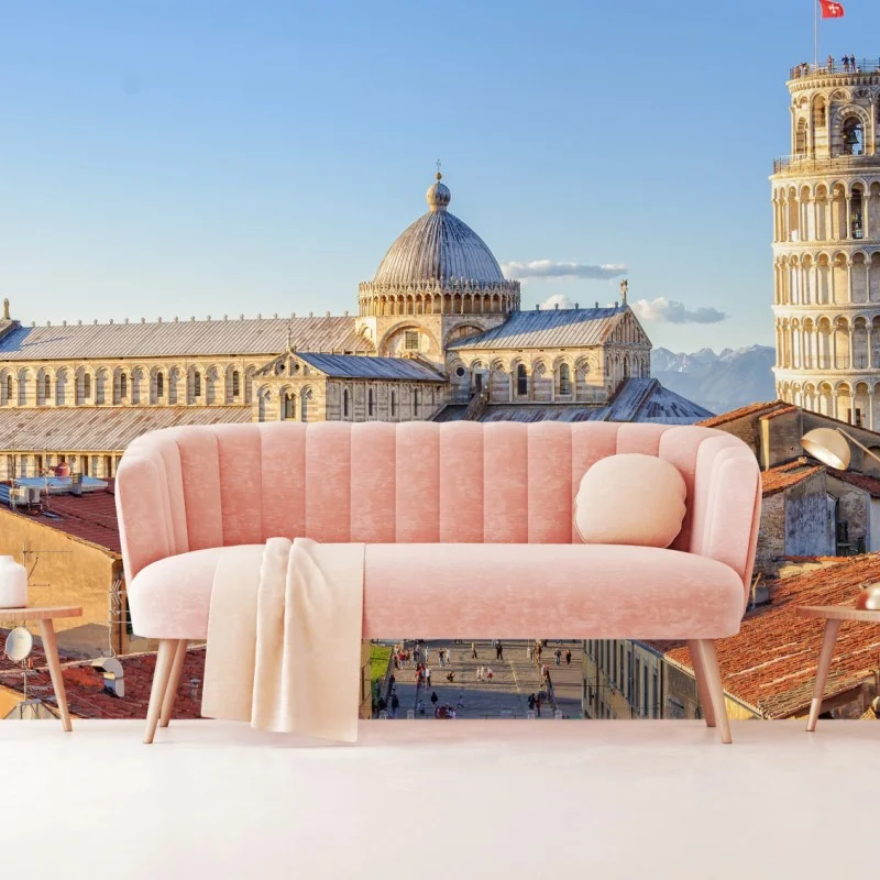 Carta da parati vista iconica di Pisa: torre pendente e duomo al tramonto