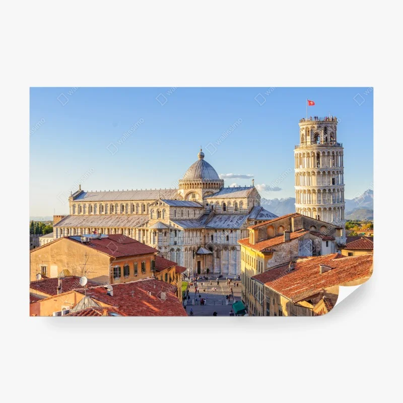 Carta da parati vista iconica di Pisa: torre pendente e duomo al tramonto