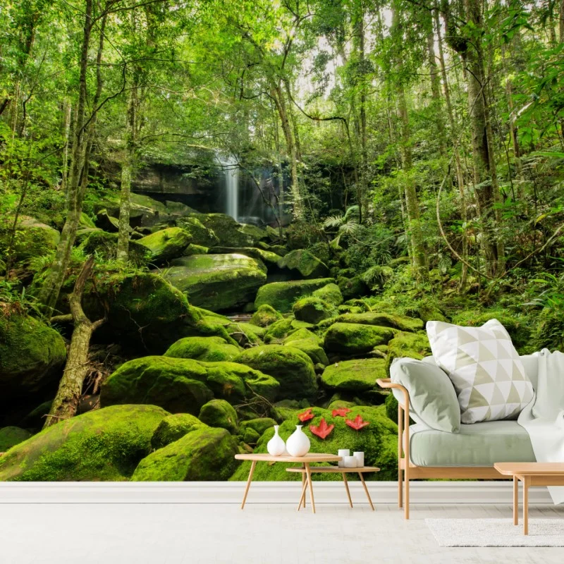 Carta da parati oasi di muschio e cascata nella foresta pluviale