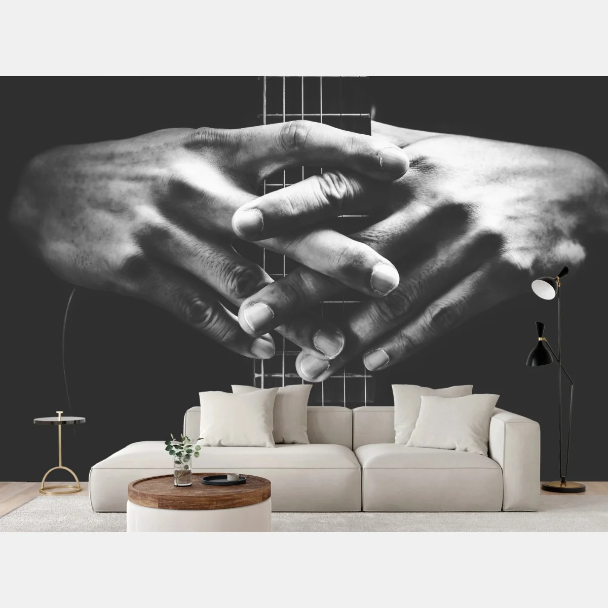 Carta da parati mani intrecciate sulla chitarra in bianco e nero • Wallissimo® Carta da parati mani intrecciate sulla chitarra in bianco e nero • Wallissimo®