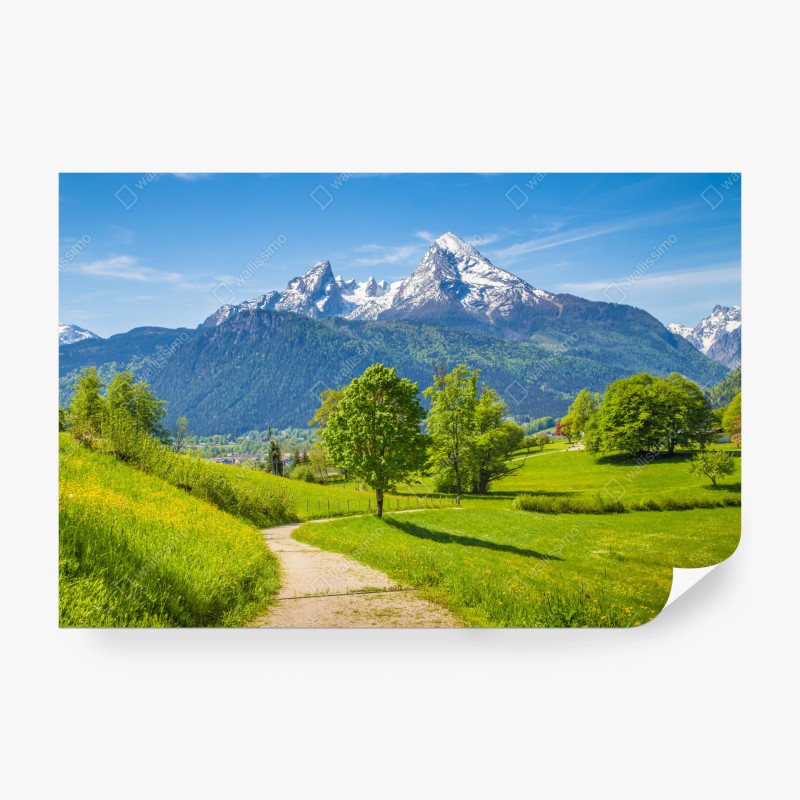 Carta da parati paesaggio alpino primaverile con montagne innevate