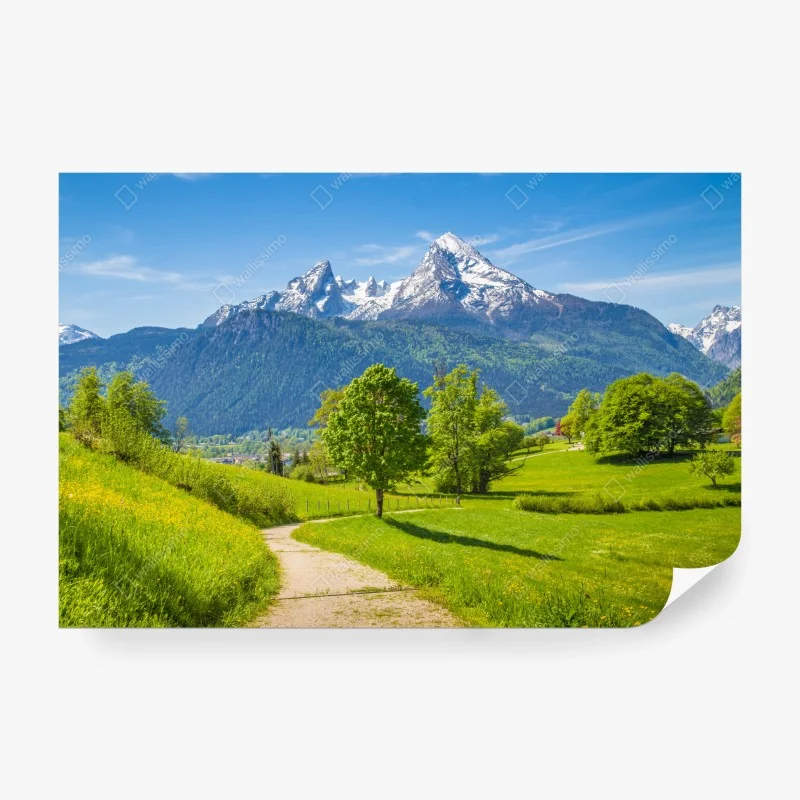 Carta da parati paesaggio alpino primaverile con montagne innevate